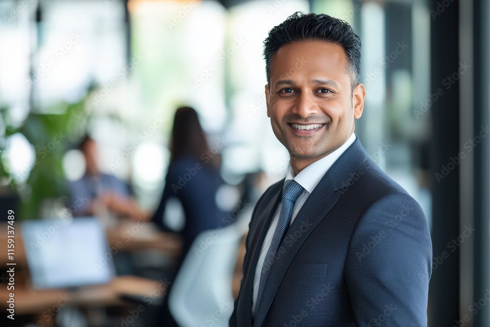 Smiling South Asian businessman in a suit standing confidently in a modern office. Professional portrait showcasing leadership, success, and corporate motivation. Smiling South Asian businessman in a suit standing confidently in a modern office. Professional portrait showcasing leadership, success, and corporate motivation.
