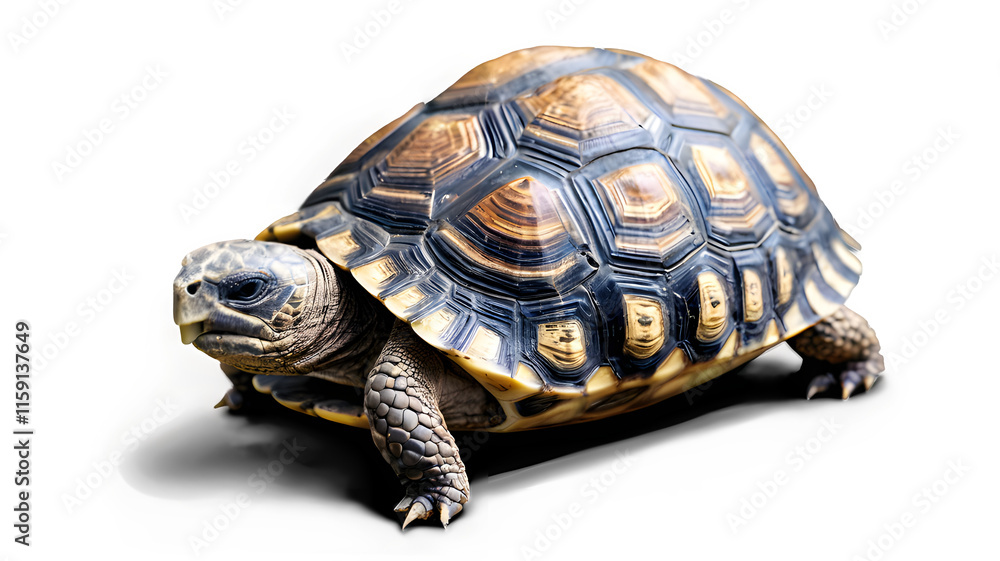 Fototapeta premium A tortoise slowly emerging from its shell, showcasing its intricate shell patterns against a clean white background. 