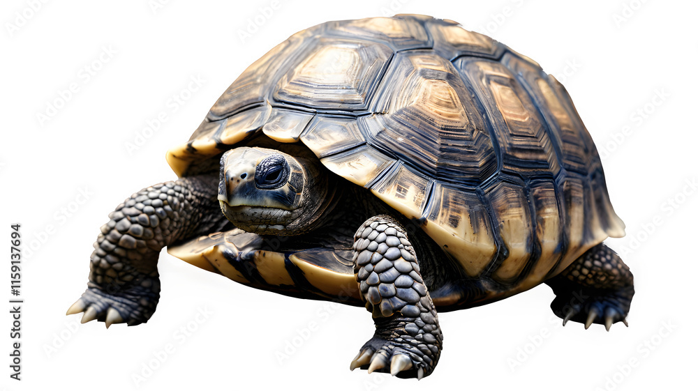 Fototapeta premium A tortoise slowly emerging from its shell, showcasing its intricate shell patterns against a clean white background.