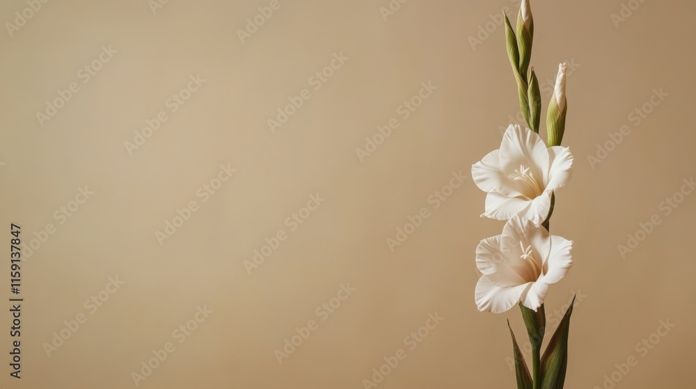 Fototapeta premium A lone gladiolus on a muted olive background, angled shot, Minimalist style