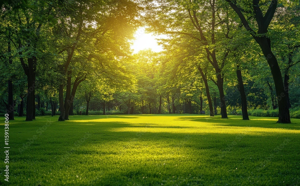 Fototapeta premium Tranquil Sunlight Illuminating Lush Green Park Surrounded by Majestic Trees in a Peaceful Natural Setting at Dusk