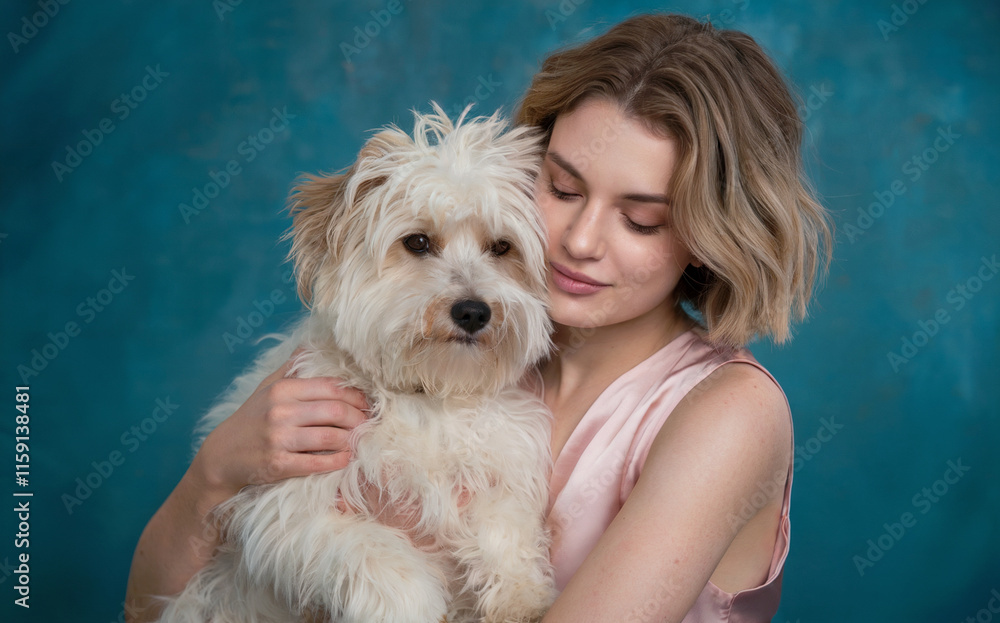 A young woman with wavy, shoulder-length hair, gently embracing a fluffy white dog. They are positioned against a textured blue backdrop. 
