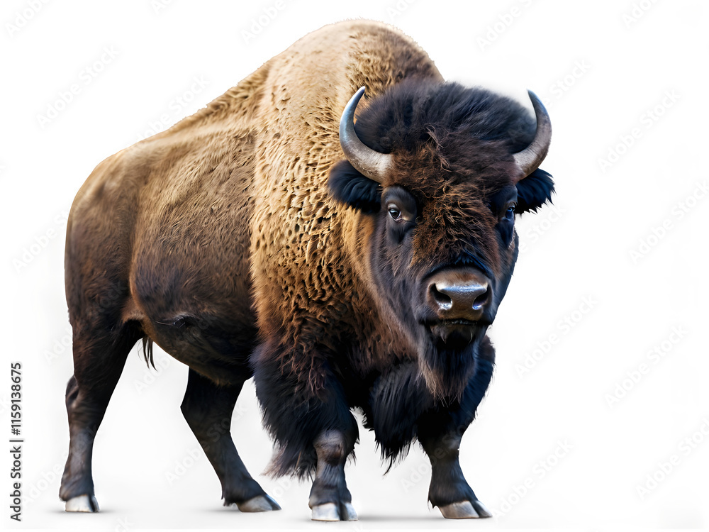A powerful bison standing tall, with its shaggy fur and strong presence isolated on a white canvas.
A powerful bison standing tall, with its shaggy fur and strong presence isolated on a white canvas.