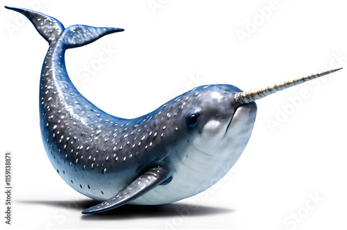 A narwhal swimming gracefully, showcasing its long tusk and unique features against a clean white background.
