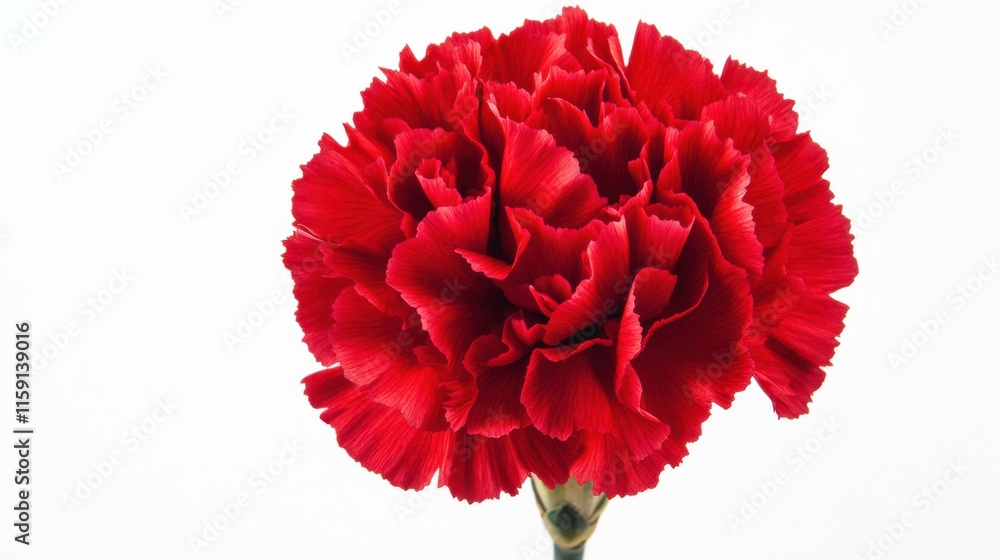 A macro photograph of a blooming red carnation with its frilled petals, isolated white background, minimalist composition A macro photograph of a blooming red carnation with its frilled petals, isolated white background, minimalist composition