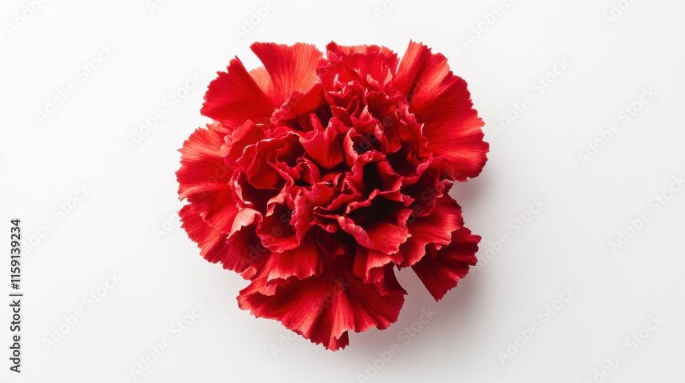 A macro photograph of a blooming red carnation with its frilled petals, isolated white background, minimalist composition
