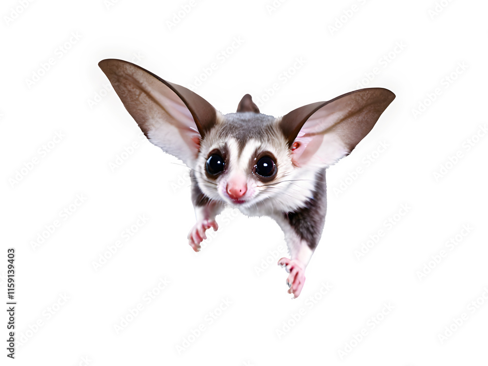 A sugar glider gliding through the air with its wings outstretched, showcasing its adorable features against a stark white background.
A sugar glider gliding through the air with its wings outstretched, showcasing its adorable features against a stark white background.