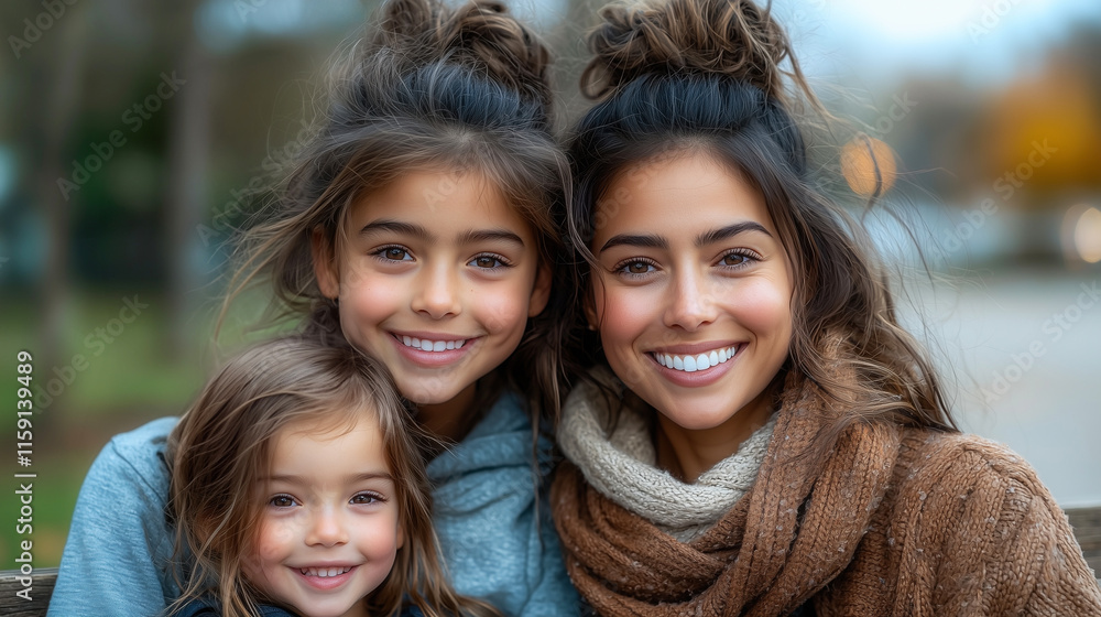 Happy moments shared among a mother and her two daughters in a outdoor park
