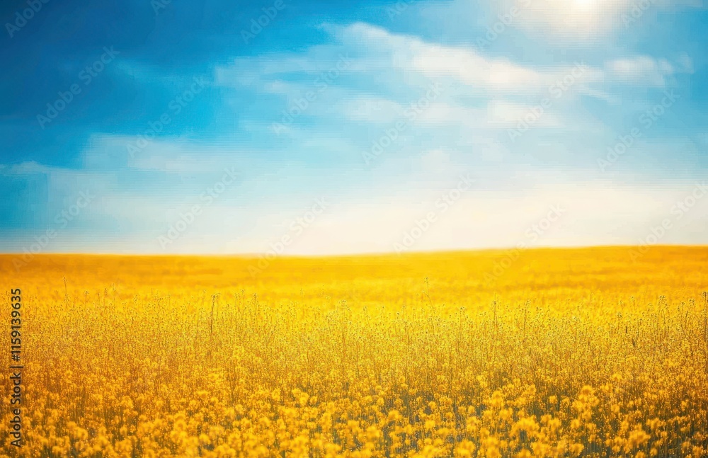 Fototapeta premium Vast Yellow Field Under Blue Sky with Soft Clouds and Bright Sunlight, Creating a Vibrant and Serene Landscape Ideal for Nature Photography and Scenic Art