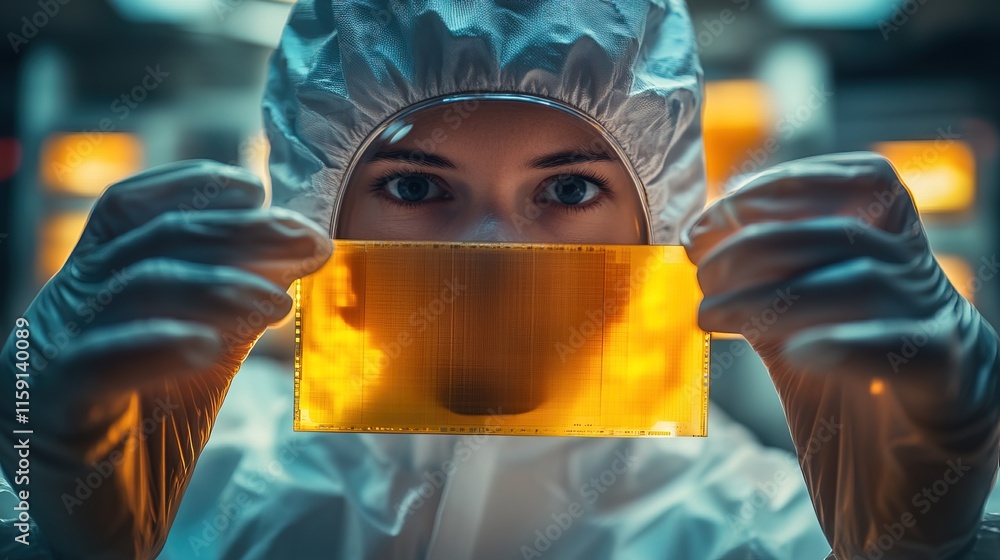 Technician in a protective suit holding a semiconductor wafer Technician in a protective suit holding a semiconductor wafer