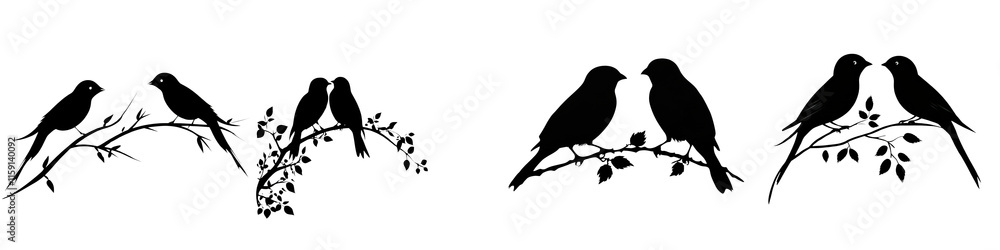 Fototapeta premium Silhouette of a Pair of Birds Perched on a Stitched Line Against a Simple Background