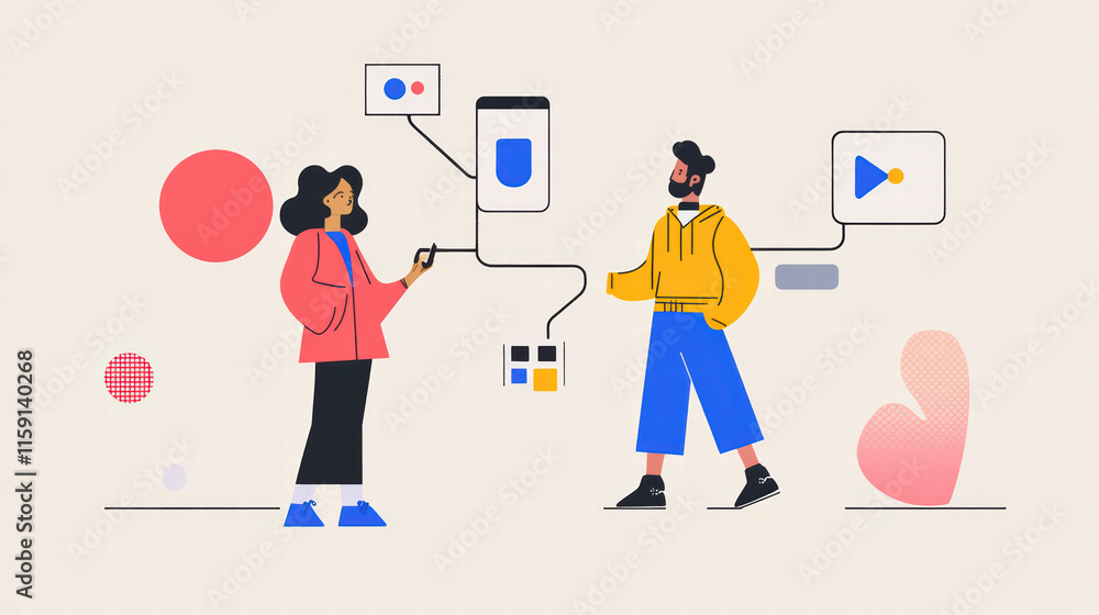 flat design illustration of social media endorsement process featuring two individuals interacting with digital devices. scene conveys modern and engaging atmosphere flat design illustration of social media endorsement process featuring two individuals interacting with digital devices. scene conveys modern and engaging atmosphere