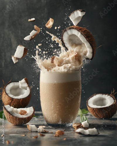 A refreshing coconut shake erupts with creamy splashes, surrounded by cracked coconut halves and tropical flowers