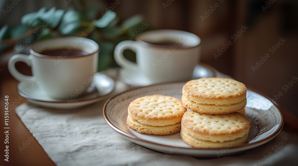 Delicious biscuits on a plate accompanied by steaming cups of coffee Delicious biscuits on a plate accompanied by steaming cups of coffee