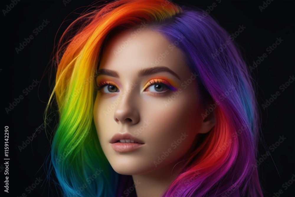 a close up of a woman with a rainbow colored hair a close up of a woman with a rainbow colored hair