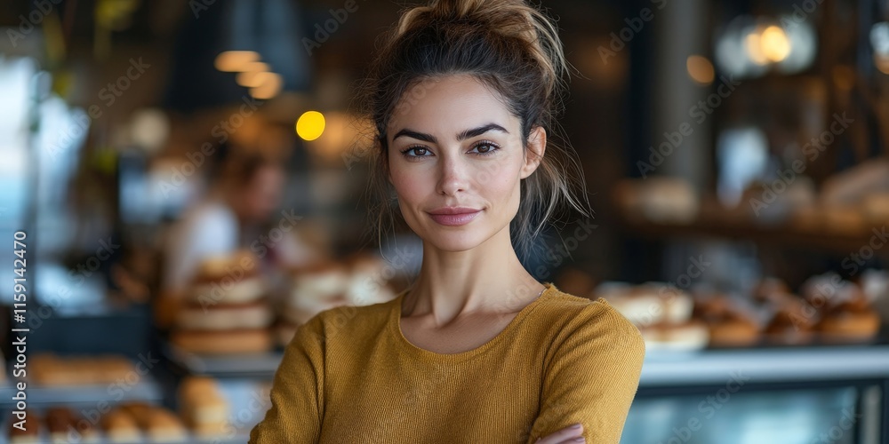 Bakery owner standing proudly in front of bread display Bakery owner standing proudly in front of bread display