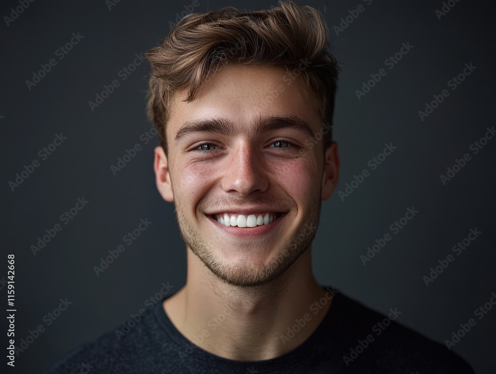 Portrait of a confident young man with a bright, friendly smile against a dark background, showcasing warmth, charisma, and approachable positivity. Portrait of a confident young man with a bright, friendly smile against a dark background, showcasing warmth, charisma, and approachable positivity.