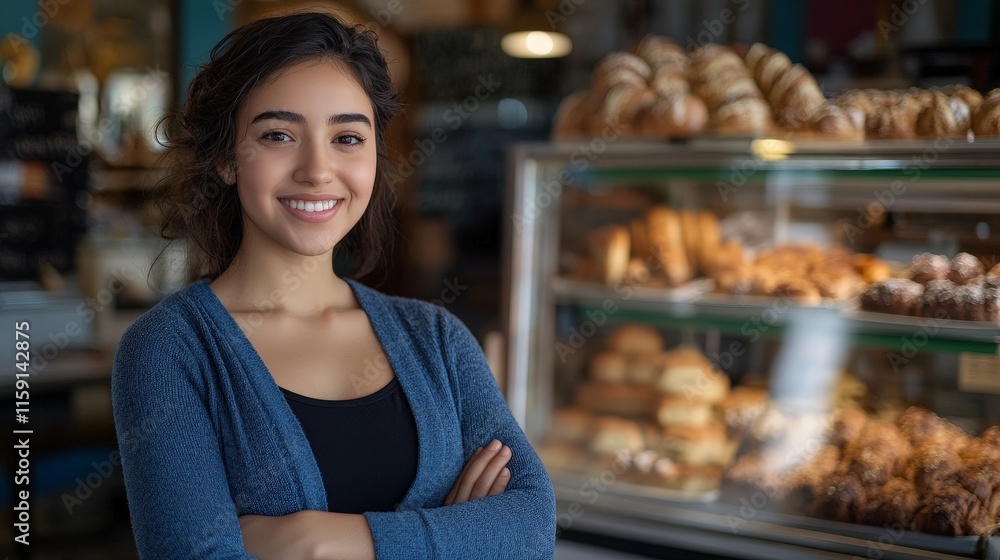 Bakery owner standing proudly in front of bread display Bakery owner standing proudly in front of bread display