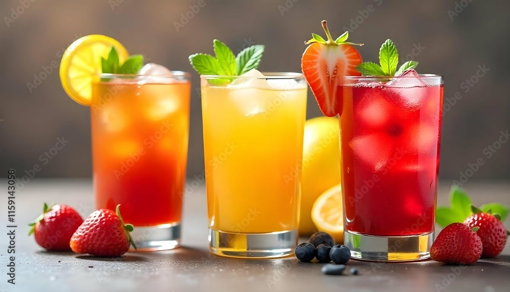 Glasses of fruit drinks with ice-cubes Glasses of fruit drinks with ice-cubes