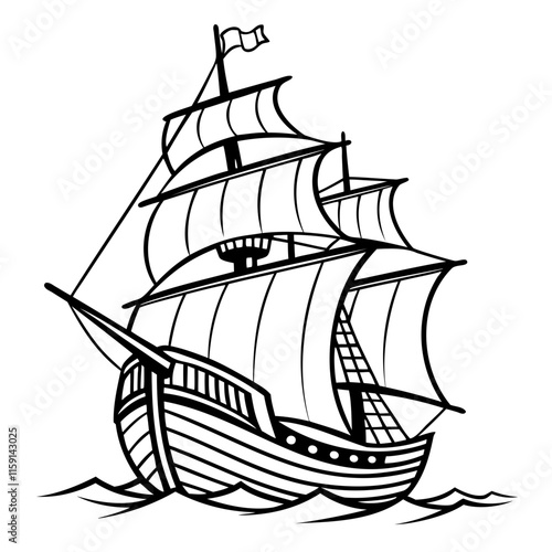 Black and white illustration, vintage sailing ship, detailed linework Isolated on a transparent background 