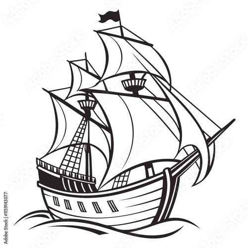 Black and white illustration, vintage sailing ship, detailed linework Isolated on a transparent background 