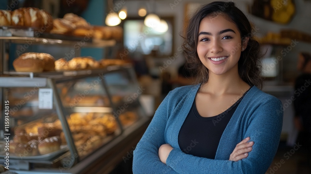 Bakery owner standing proudly in front of bread display Bakery owner standing proudly in front of bread display