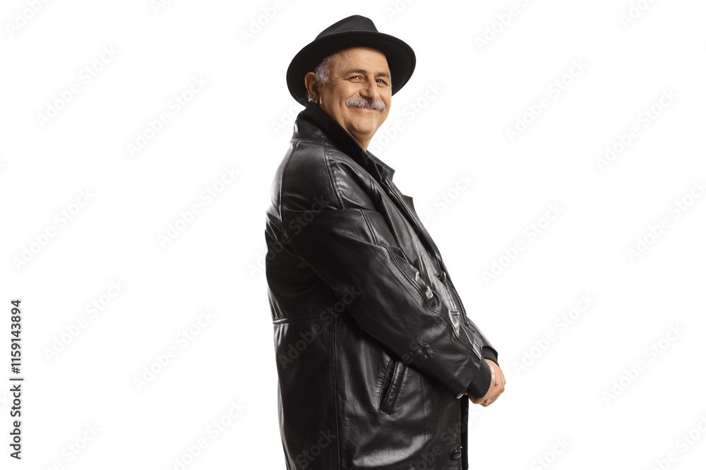 Smiling mature man in a leather trench coat Smiling mature man in a leather trench coat