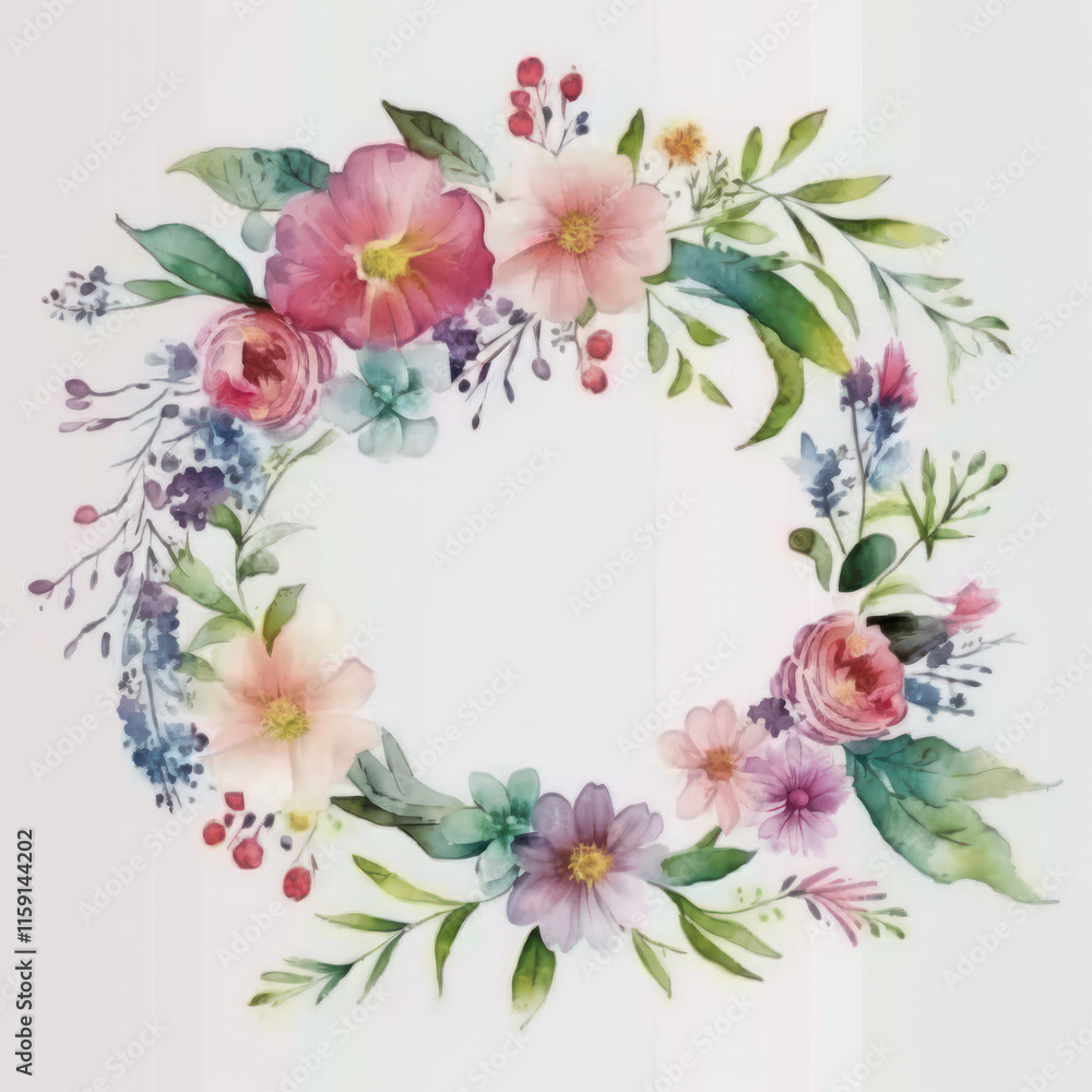 Watercolor wreath made with wildflowers and leaves on white background. Floral decorative Frame.