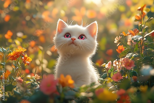 Cute little kitten in orange daisy flowers
 photo