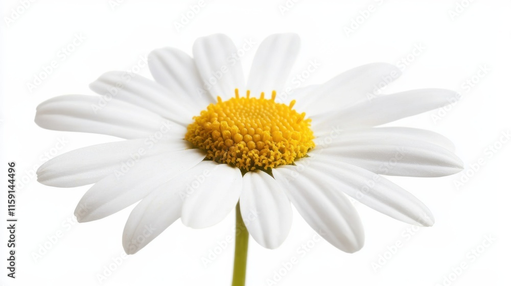 Fototapeta premium A macro shot of a sunlit daisy with its pure white petals and yellow center, isolated white background, minimalistic art style