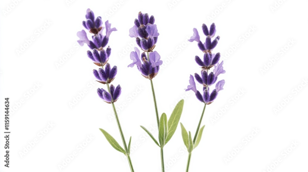 Fototapeta premium A macro shot of delicate lavender blooms with their soothing purple petals and slender stems, isolated white background, minimalist art style
