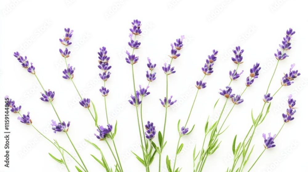 Fototapeta premium A macro shot of delicate lavender sprigs with their purple blooms and slender stems, isolated white background, minimalist art style