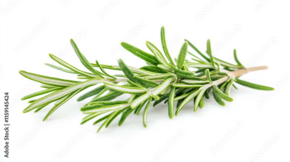 A macro shot of fresh green rosemary leaves with their needle-like shape and aromatic fragrance, isolated white background, minimalist art style A macro shot of fresh green rosemary leaves with their needle-like shape and aromatic fragrance, isolated white background, minimalist art style
