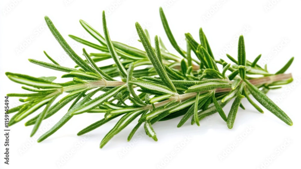 Fototapeta premium A macro shot of fresh green rosemary leaves with their needle-like shape and aromatic fragrance, isolated white background, minimalist art style