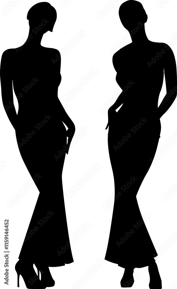 black and white silhouette of a young woman in a dress, vector black and white silhouette of a young woman in a dress, vector