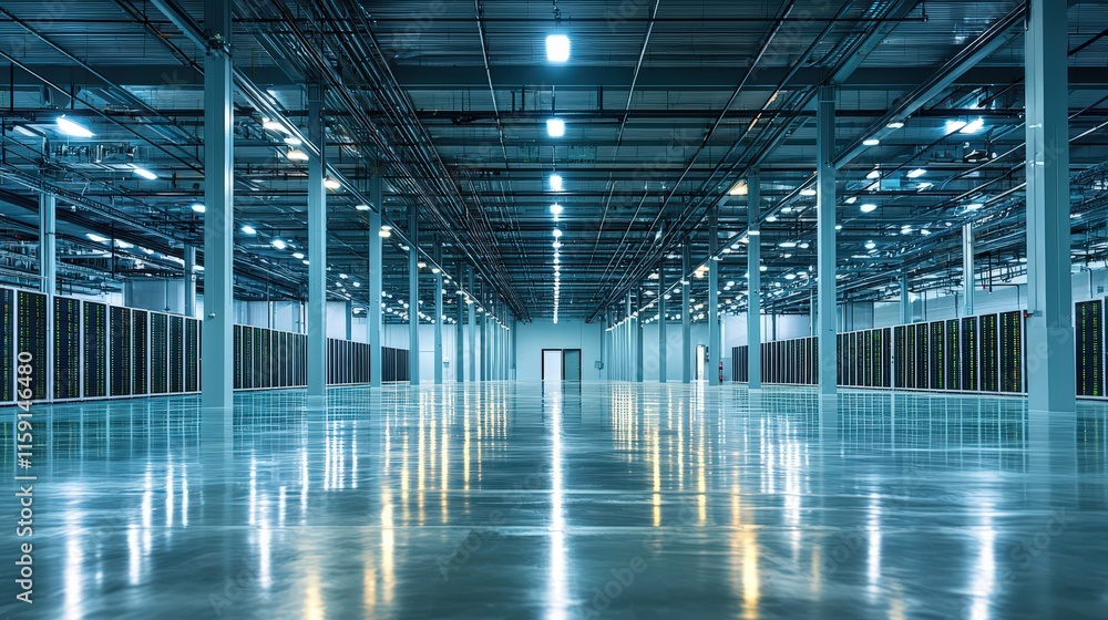 Modern Data Center Interior with Reflective Floors and Bright Lighting, Featuring Advanced Server Racks, IT Infrastructure, and High-Tech Networking Innovation Modern Data Center Interior with Reflective Floors and Bright Lighting, Featuring Advanced Server Racks, IT Infrastructure, and High-Tech Networking Innovation