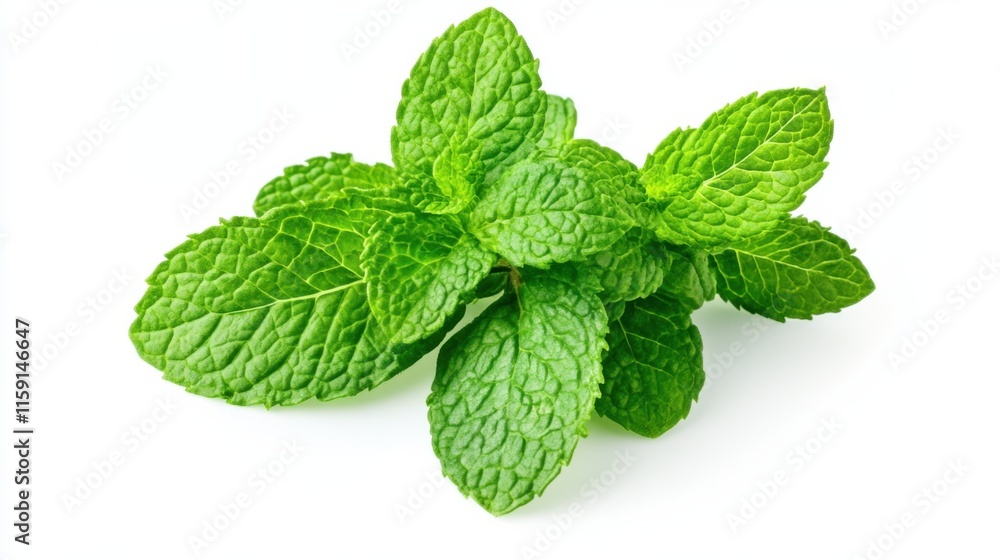 A macro shot of lush green mint leaves with their serrated edges and aromatic scent, isolated white background, minimalist art style A macro shot of lush green mint leaves with their serrated edges and aromatic scent, isolated white background, minimalist art style