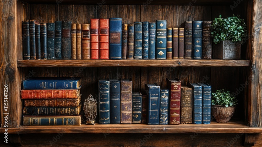 Naklejka premium A rich collection of antique books fills a dark wooden bookshelf, creating a warm and inviting atmosphere. The books' colors and textures add depth and character to the image.