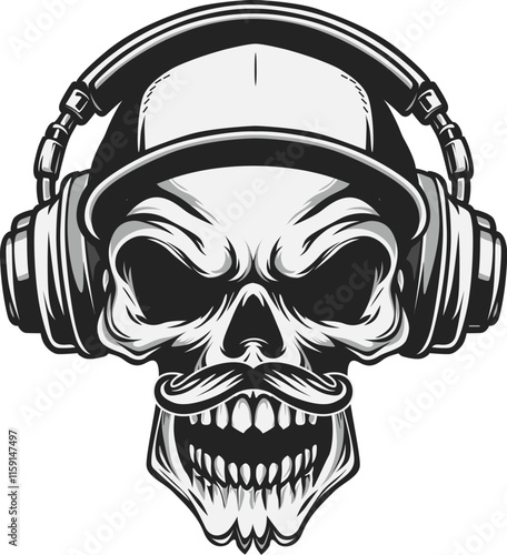 Masculine skull with retro style cap & headphone