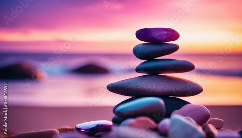 Colorful stacked stones on sandy beach with sunset. Vibrant colors, calming scene. Zen themes, meditation, relaxation, wellness, nature, mindfulness, mental health, life balance, travel concept