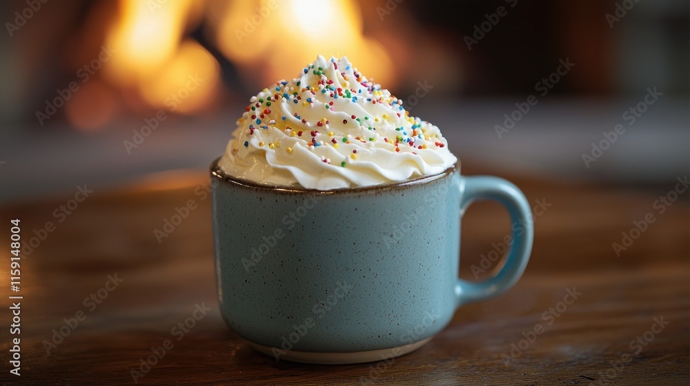 Cozy Winter Evening: Close-up of Hot Cocoa with Whipped Cream and Sprinkles by Fireplace Cozy Winter Evening: Close-up of Hot Cocoa with Whipped Cream and Sprinkles by Fireplace