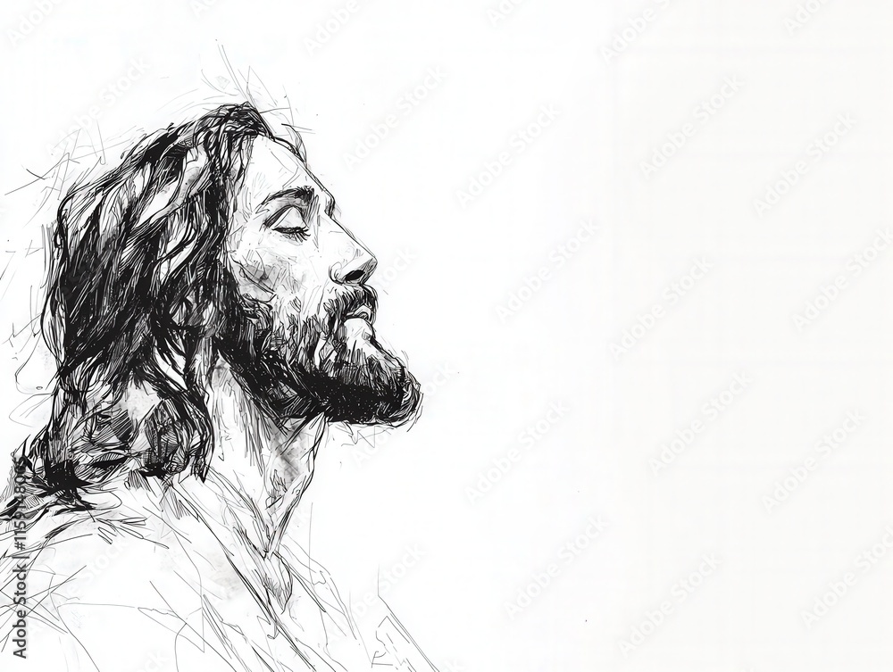 Monochrome sketch of a contemplative man with long hair and a beard, drawn in a minimalist style with detailed pencil lines, evoking serenity and reflection.