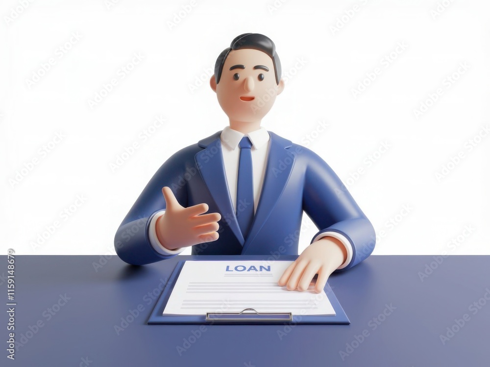 3D Human Businessman Presenting Loan Agreement on Blue Table 3D Human Businessman Presenting Loan Agreement on Blue Table