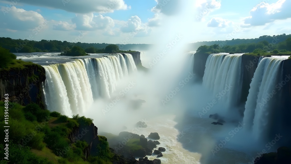 Majestic Iguazu Falls Water Cascading Rocks Lush Greenery Majestic Iguazu Falls Water Cascading Rocks Lush Greenery