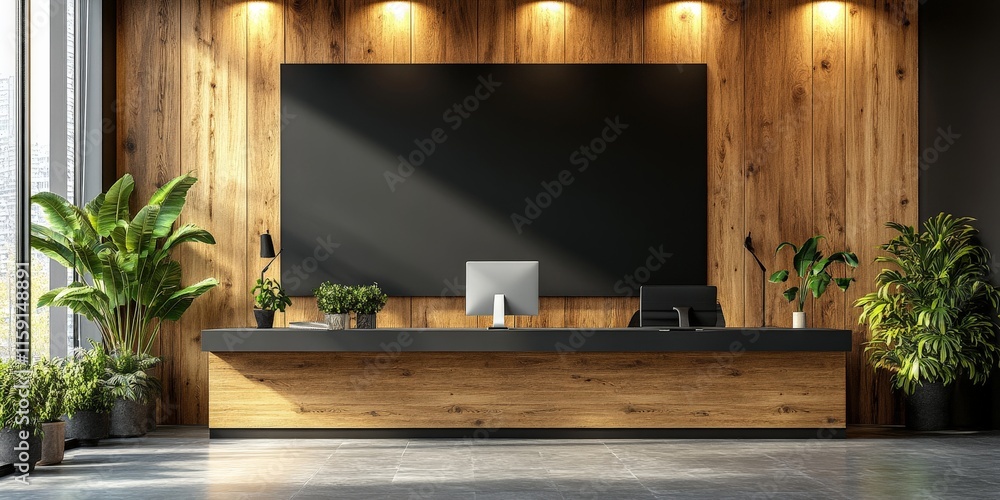 Modern office interior with empty canvas on wooden wall Modern office interior with empty canvas on wooden wall