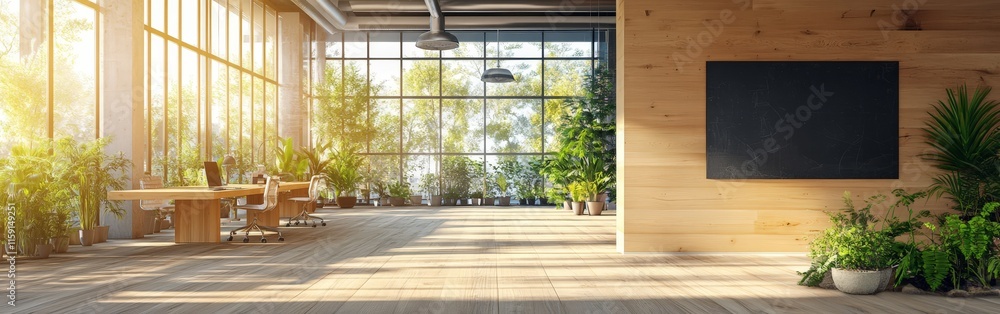 Modern office interior with empty canvas on wooden wall Modern office interior with empty canvas on wooden wall