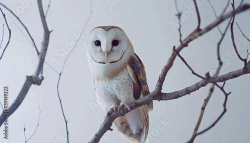 Beautiful common barn owl on twig against white background photo