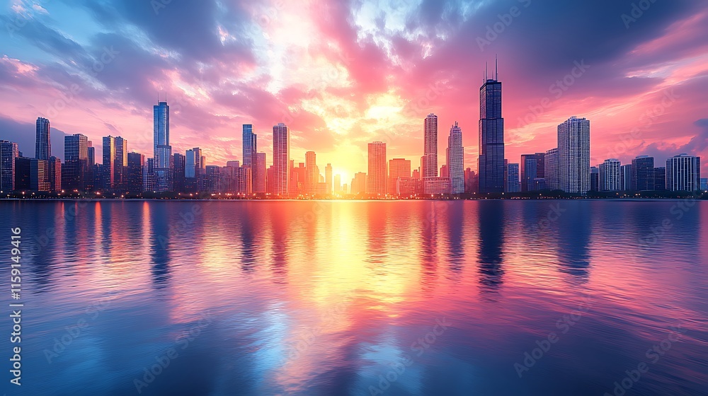 Sunset cityscape with colorful vibrant reflections glowing on calm tranquil water wallpaper image Sunset cityscape with colorful vibrant reflections glowing on calm tranquil water wallpaper image