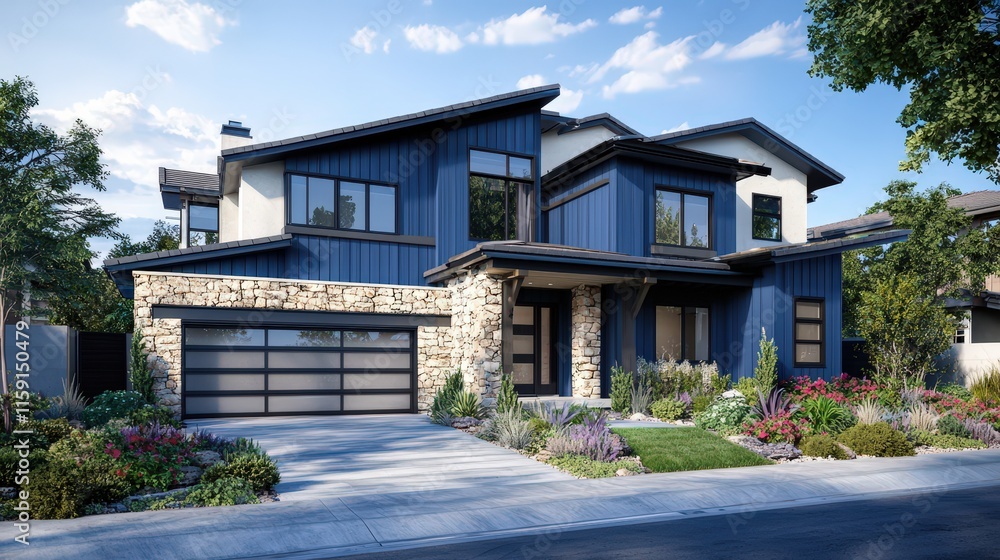 Two-story modern home with blue siding, stone facade, and landscaped front yard under a clear sky. Perfect for contemporary architecture and luxury real estate themes. Two-story modern home with blue siding, stone facade, and landscaped front yard under a clear sky. Perfect for contemporary architecture and luxury real estate themes.