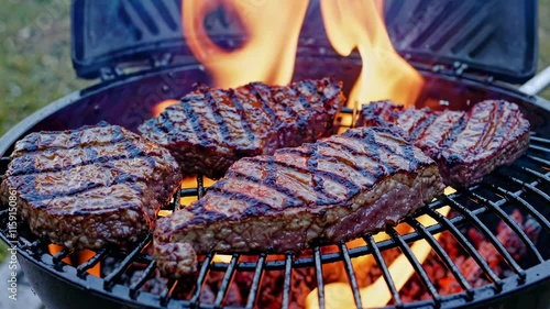 Grilled steaks with sear marks on a black barbecue grill outdoors